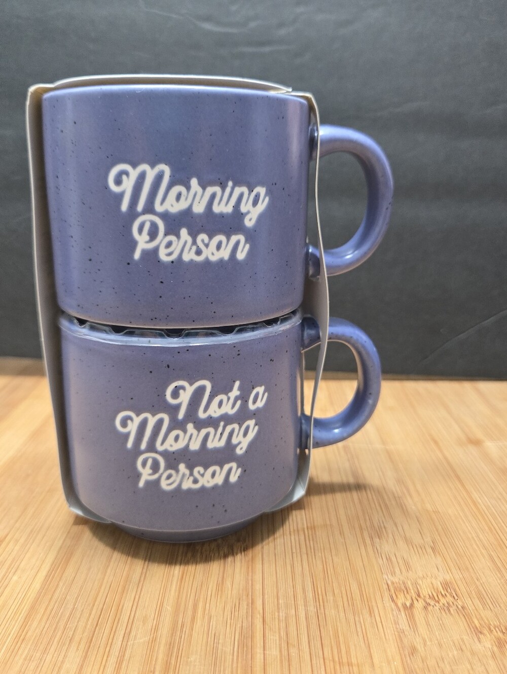 Set of 2 mugs ceramic stackable morning person and not a morning person  NEW